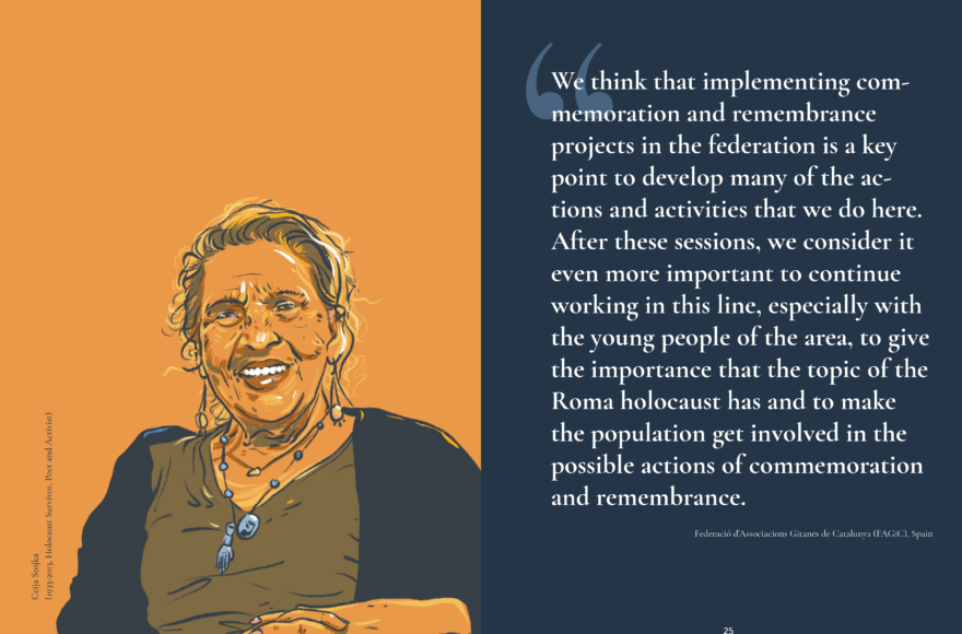 Handbook "Youth for Remembrance", portrait of Ceija Stojka (1933-2013, Holocaust Survivor, Poet and Activist) and a quote from our Spanish partners at FAGiC, p. 24-25